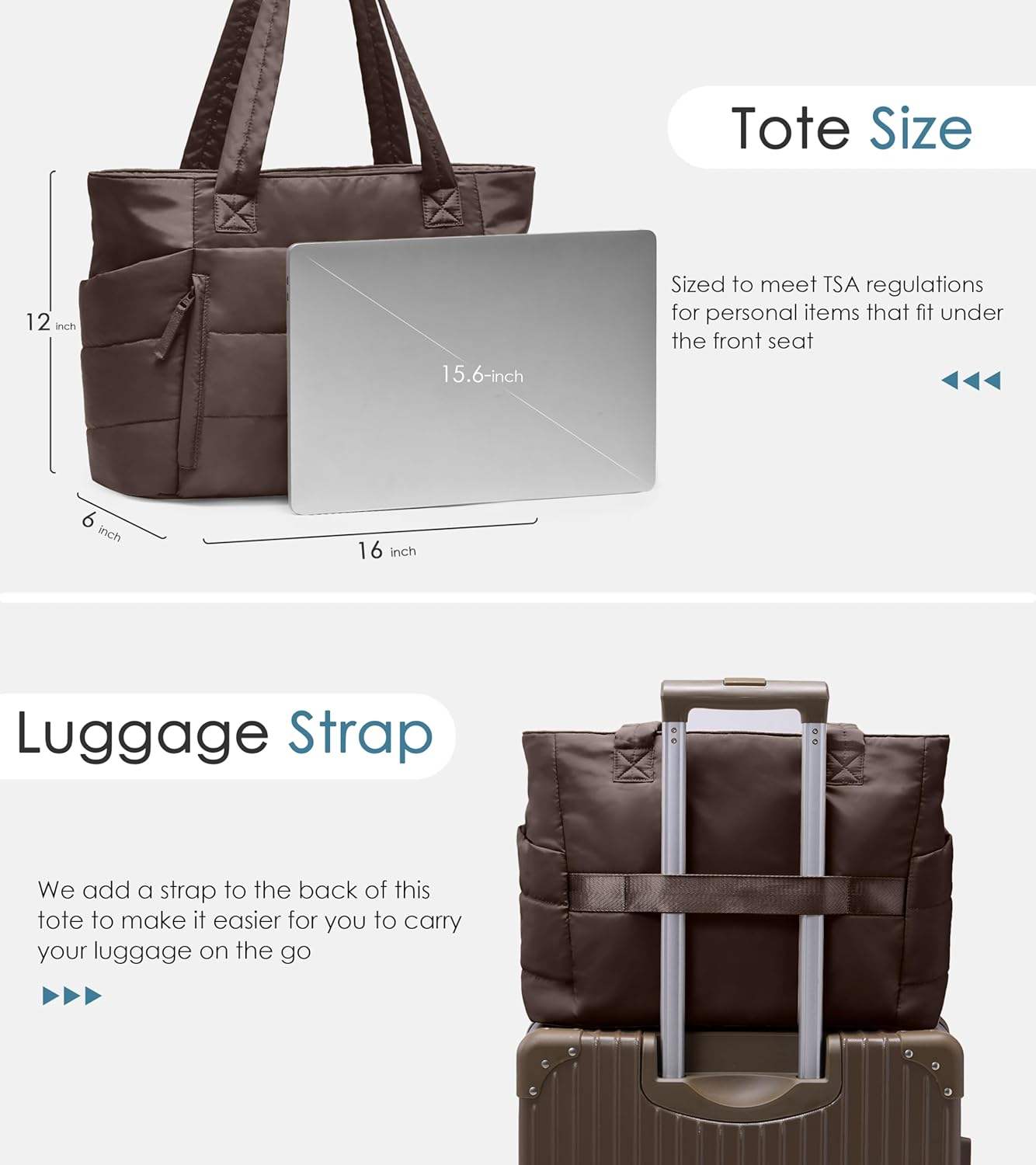 Women's Polyester Quilted Puffer Tote Bag with Zipper Closure Lightweight & Puffy Design Compartments for Work & Travel