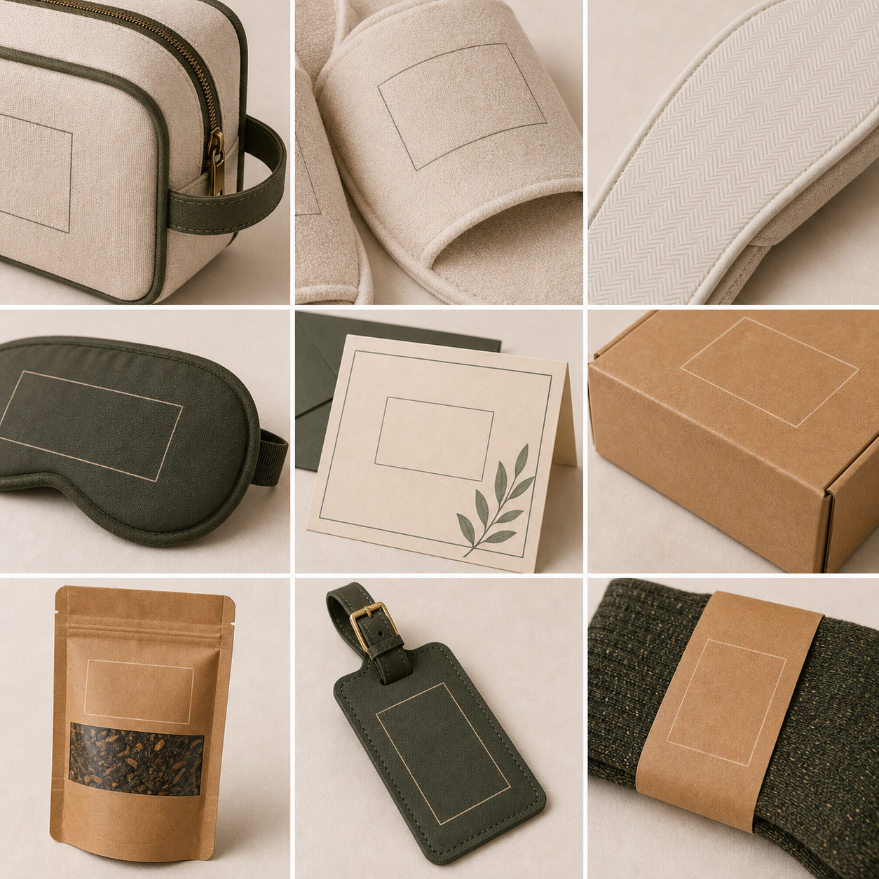 Custom-made hotel welcome amenities set, including toiletries bag, slippers, eye mask, card, and gift box with logo.