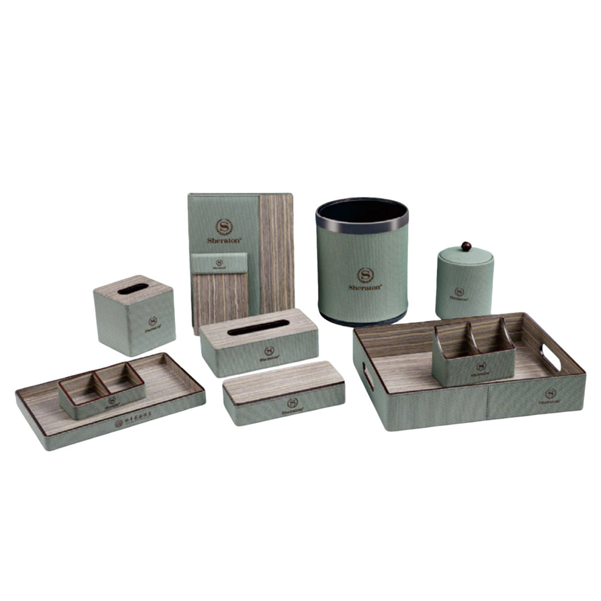 Custom-made luxury faux leather hotel room amenities set. Hotel amenities set includes tray, box, and tissue box.