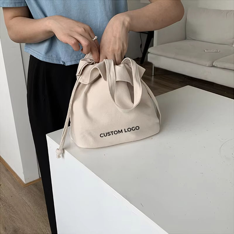 Recycled Cotton Mini Tote Bag Custom Logo Printed Small Canvas Pouch Handle Recycled Shopping Drawstring Bag