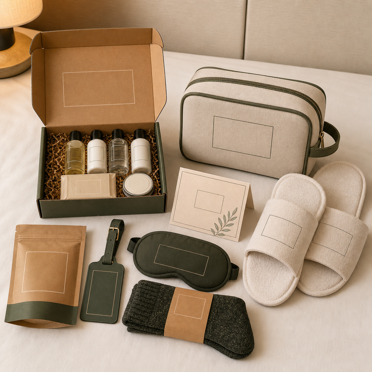 Custom-made hotel welcome amenities set, including toiletries bag, slippers, eye mask, card, and gift box with logo.