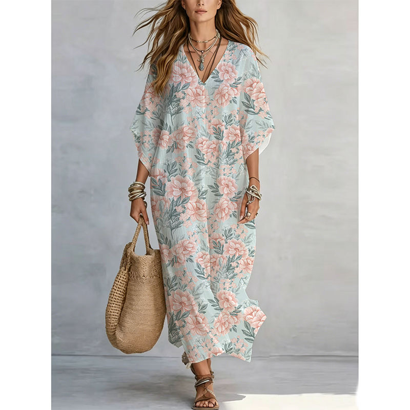 2026 Best Selling Women's Dress Lightweight Breathable Rayon Custom Hawai Floral Print 3/4 Sleeve Casual a Line Maxi Loose Dress