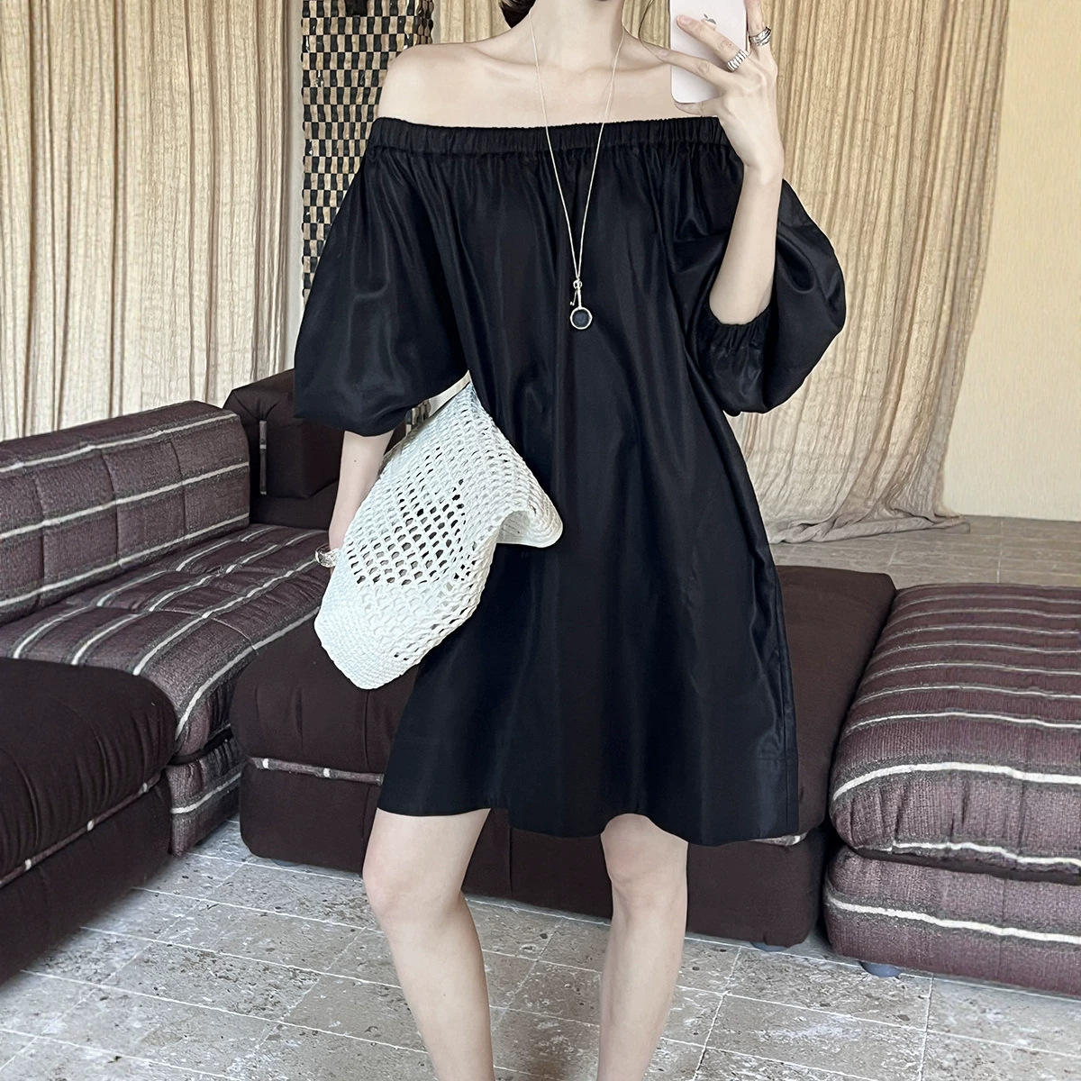 Summer French-Style Halter Neck for Linen Puff Sleeves A-Line Skirt Casual Leisure Dress