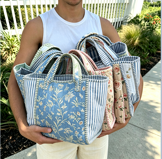 Block Print Quilted Canvas Mini Tote Bag Custom Logo Contrast Striped Trim Women's Handbag Wholesale Manufacturer