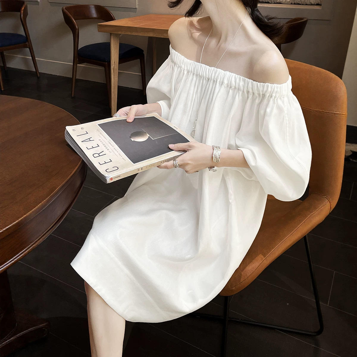 Summer French-Style Halter Neck for Linen Puff Sleeves A-Line Skirt Casual Leisure Dress