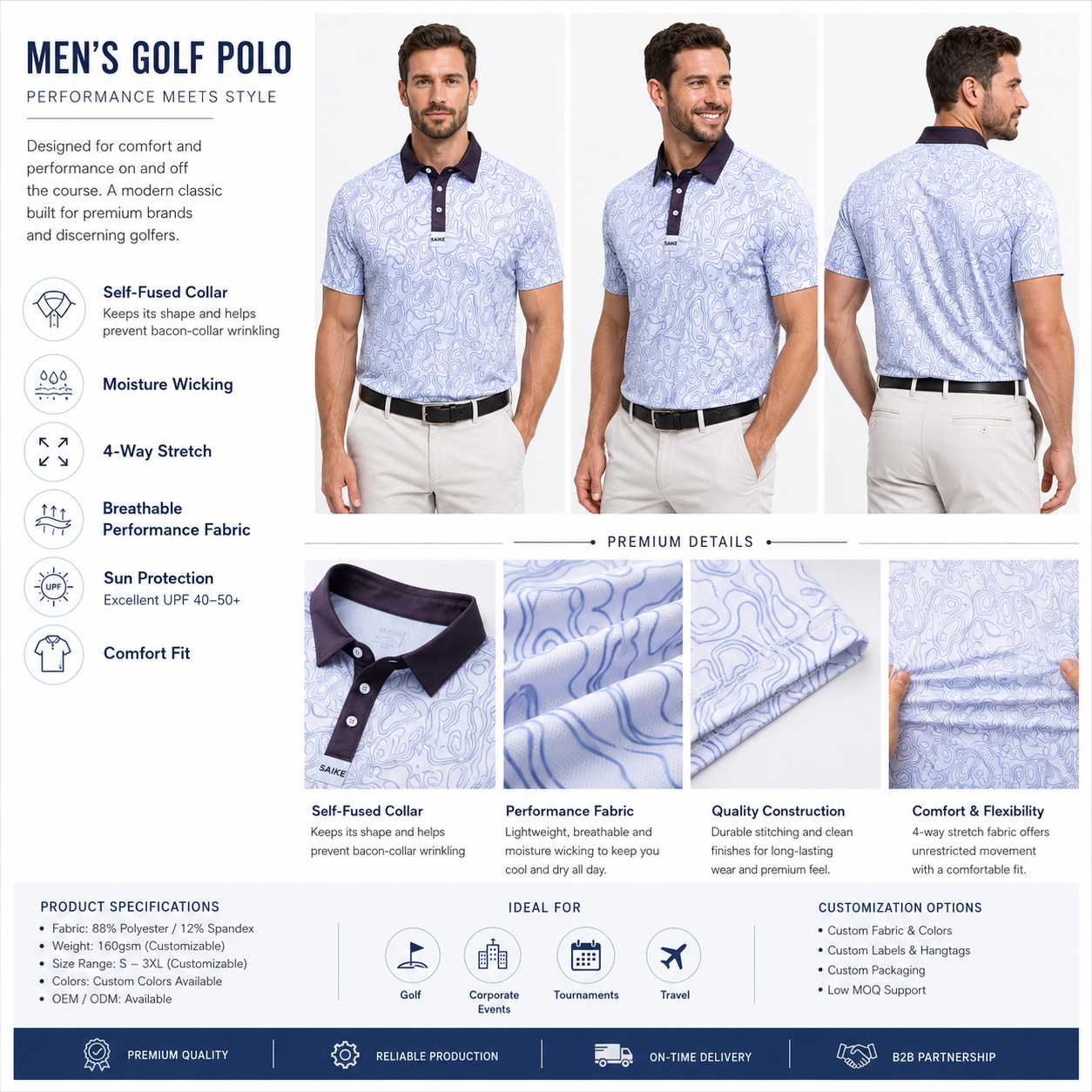 Popular 220GSM Embroidered Logo Men's Golf Polo Shirts Short Sleeve Ventilated Custom Golf Wear Clothing Apparel Manufacturer