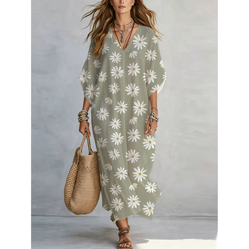 2026 Best Selling Women's Dress Lightweight Breathable Rayon Custom Hawai Floral Print 3/4 Sleeve Casual a Line Maxi Loose Dress