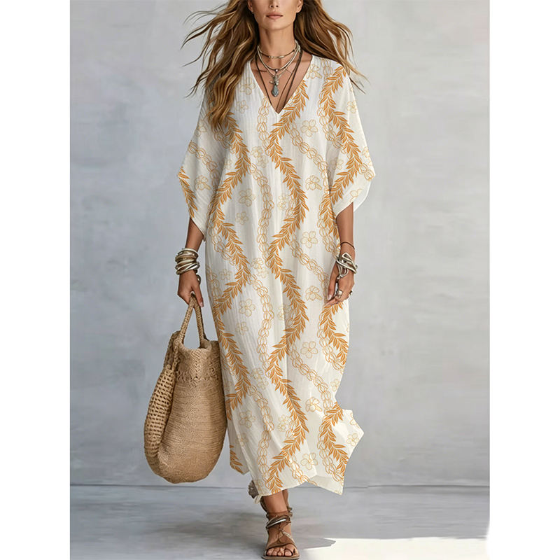 2026 Best Selling Women's Dress Lightweight Breathable Rayon Custom Hawai Floral Print 3/4 Sleeve Casual a Line Maxi Loose Dress