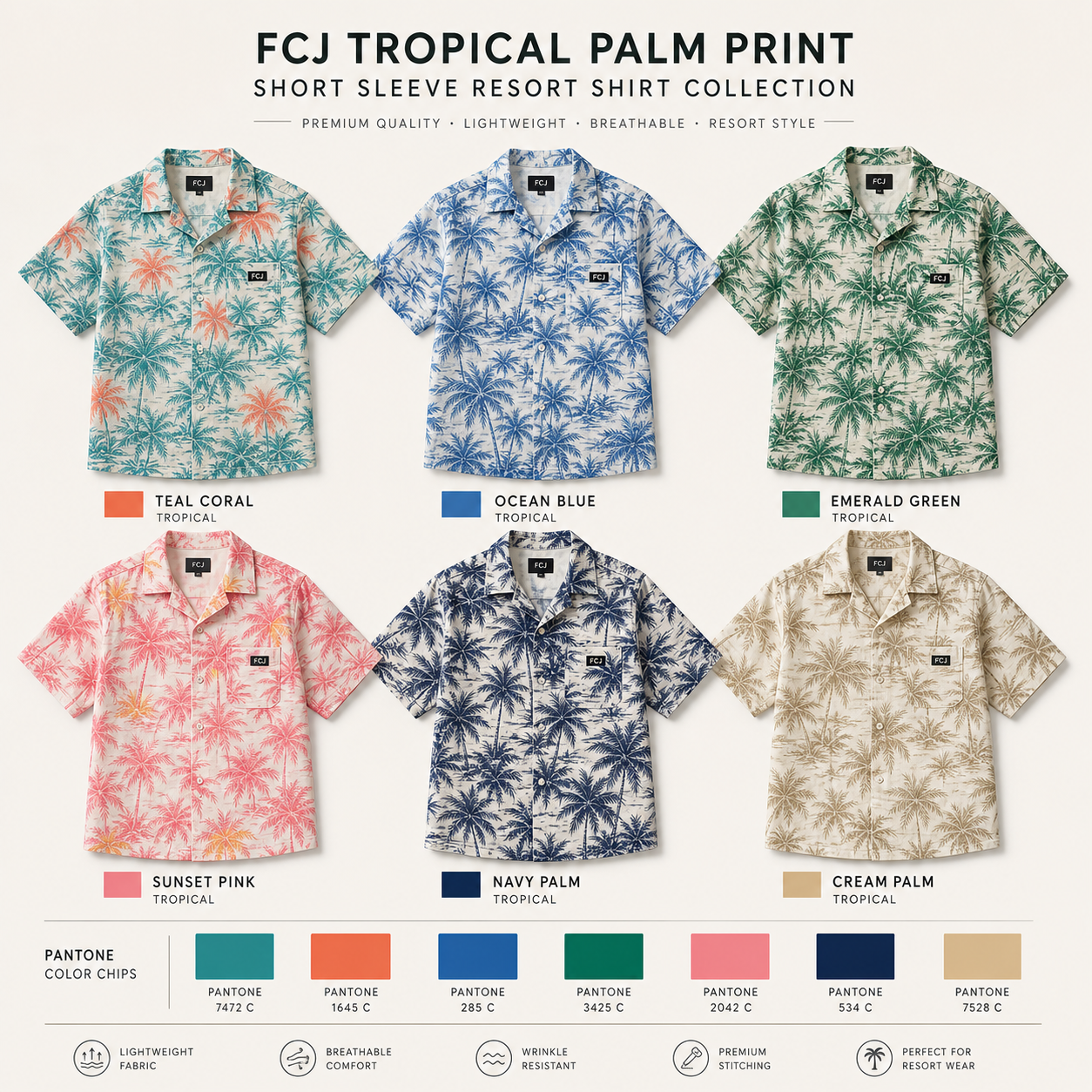 Men's short-sleeved, lightweight, button-up Hawaiian shirt with a tropical palm print. Perfect for beach holidays and camping.