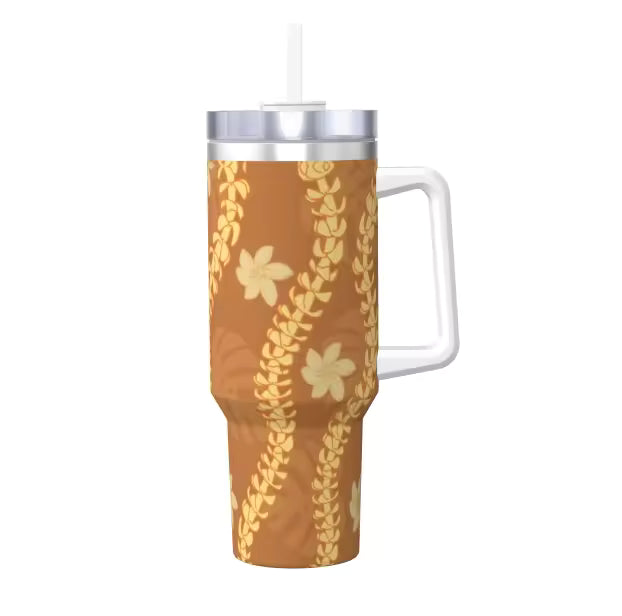 3D Digital Full Print Straw Cup Aloha Hawaiian Puakenikeni Hibiscus Flower Style 40oz Tumbler With Handle