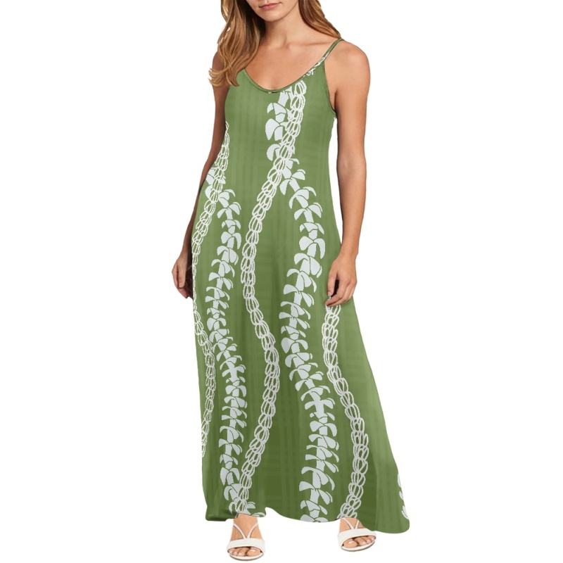 Factory Outlet Loose Silhouette Beach Dress Puakenikeni Pattern Custom Design Maxi Hawaiian Print Dress