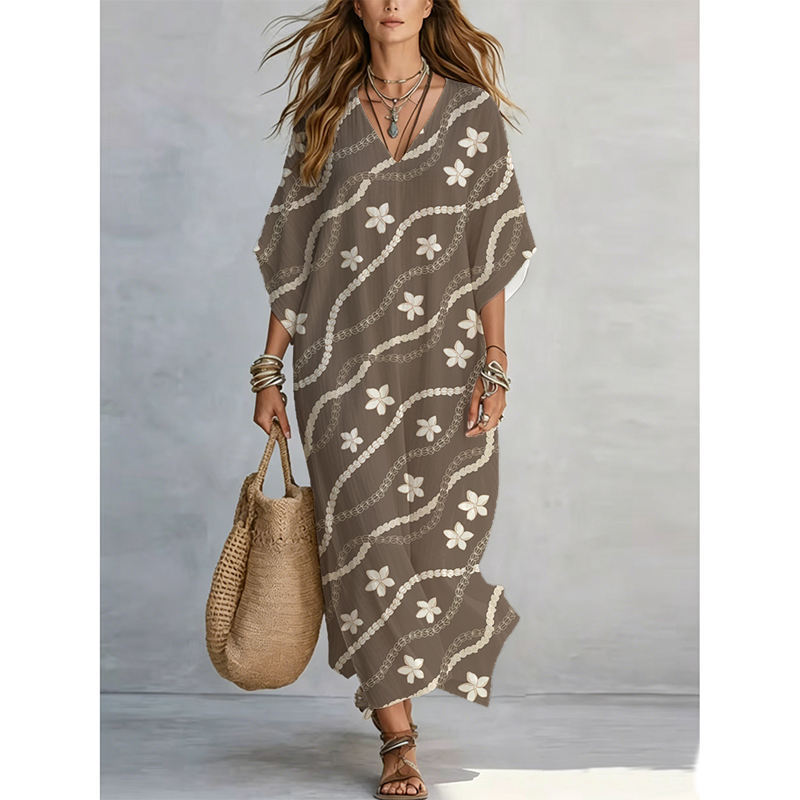 2026 Best Selling Women's Dress Lightweight Breathable Rayon Custom Hawai Floral Print 3/4 Sleeve Casual a Line Maxi Loose Dress