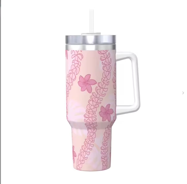 3D Digital Full Print Straw Cup Aloha Hawaiian Puakenikeni Hibiscus Flower Style 40oz Tumbler With Handle