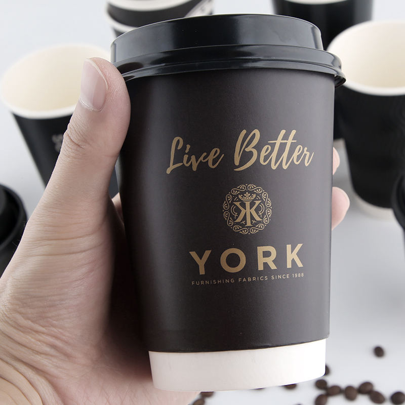 Disposable 12oz Custom Printed Logo Double Wall Paper Coffee Cups Disposable Biodegradable with Lid for Cafe