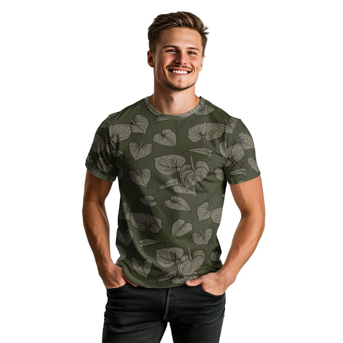 Summer Clothing Hawaiian Fashional Print on Demand Anthurium Flower Casual Short Sleeve T Shirt for Men Exclusive Customization