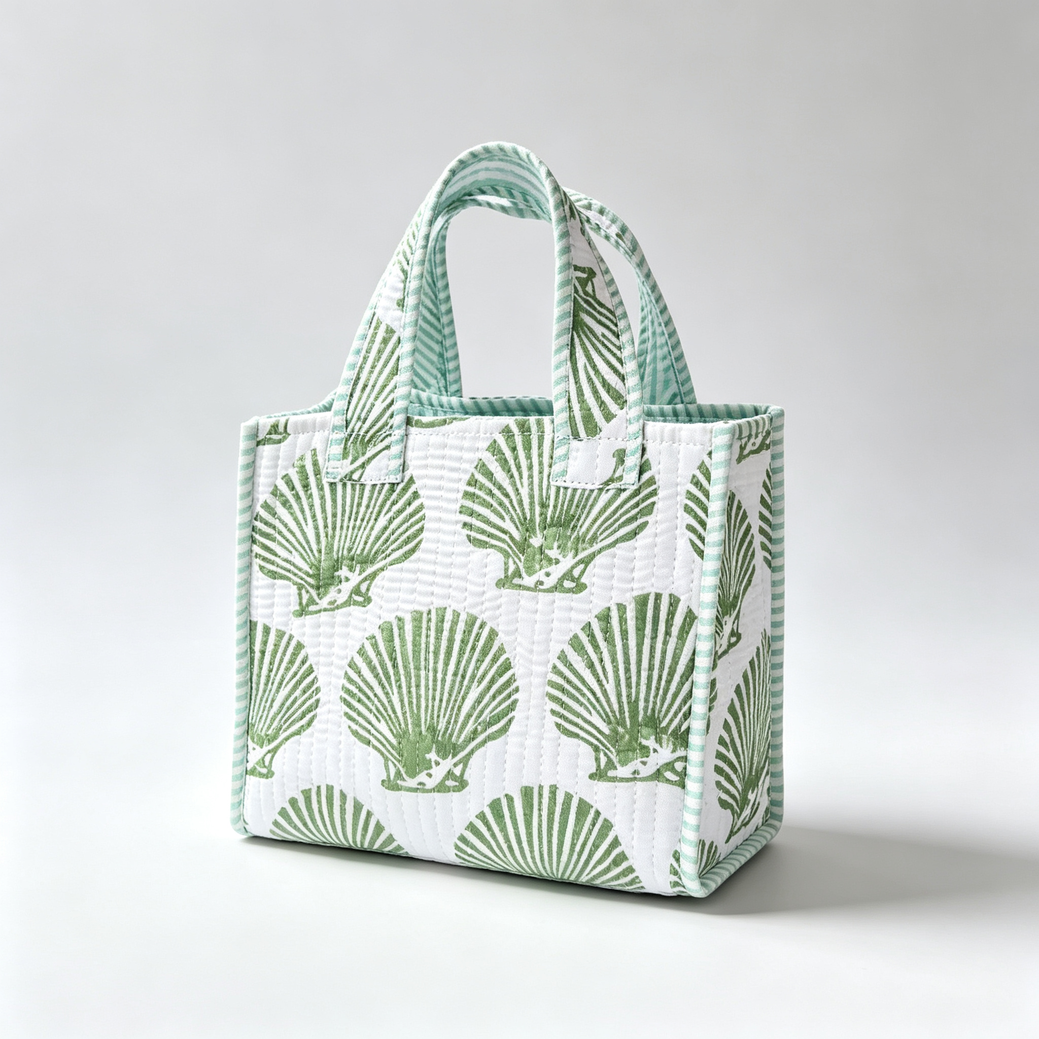 Block Print Quilted Canvas Mini Tote Bag Custom Logo Contrast Striped Trim Women's Handbag Wholesale Manufacturer