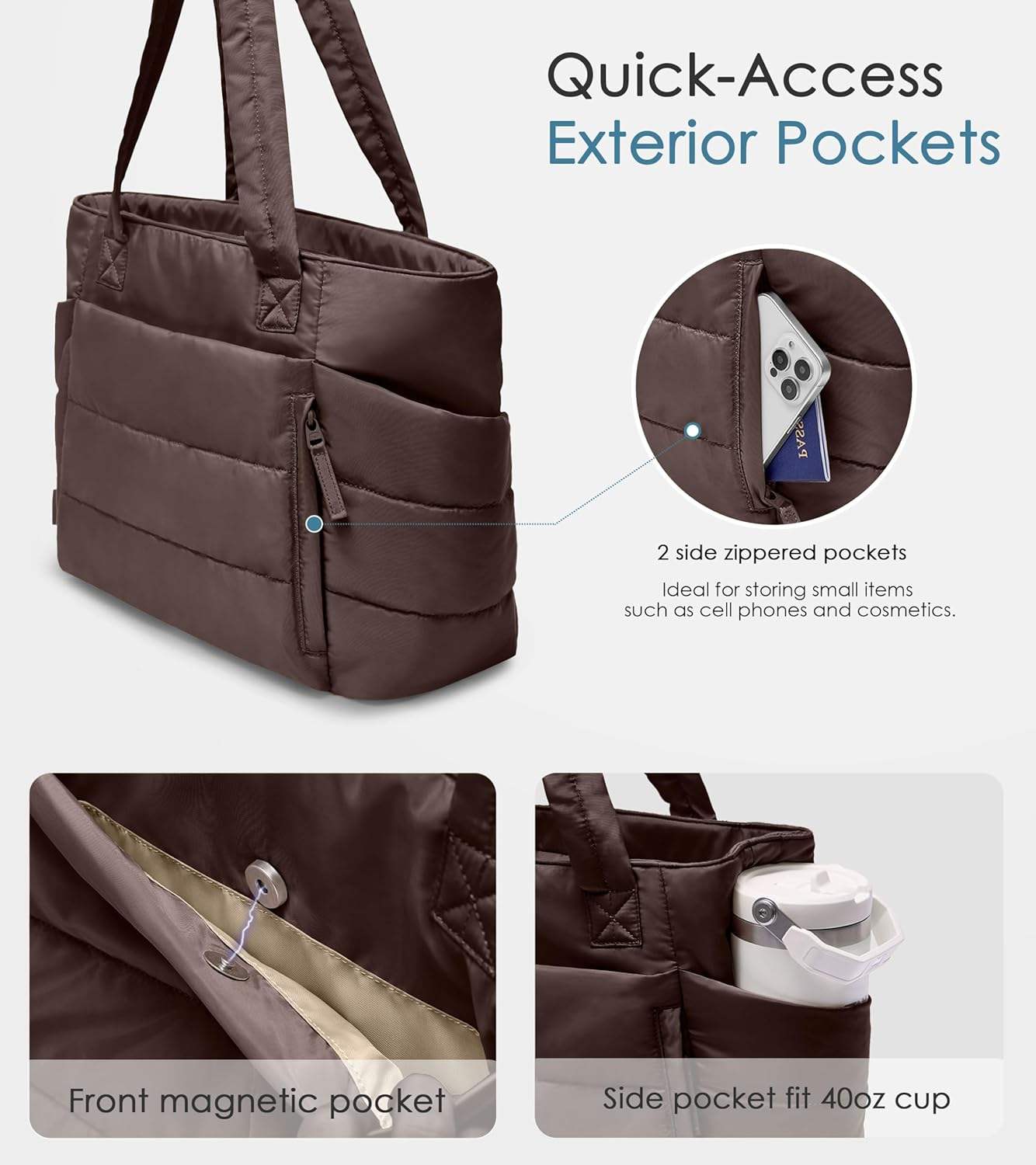 Women's Polyester Quilted Puffer Tote Bag with Zipper Closure Lightweight & Puffy Design Compartments for Work & Travel