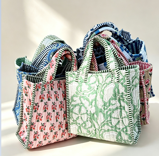 Block Print Quilted Canvas Mini Tote Bag Custom Logo Contrast Striped Trim Women's Handbag Wholesale Manufacturer