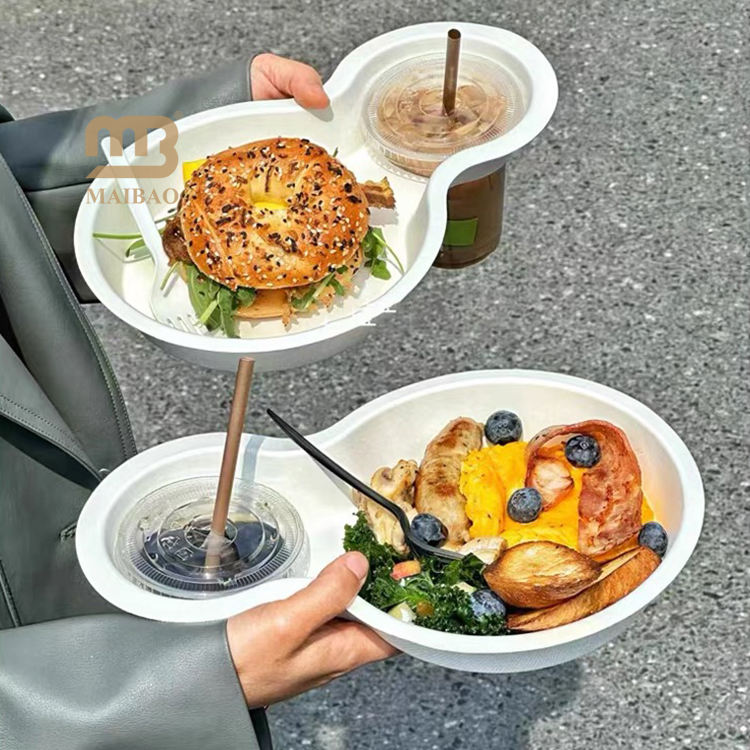 Biodegradable 2 in 1 Snack Drink Food Container Disposable Food Plate Coffee Drink Cup Holder Hot Dog Salad Hamburger Food Tray