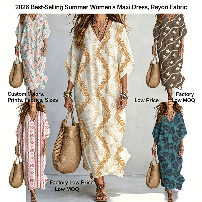 2026 Best Selling Women's Dress Lightweight Breathable Rayon Custom Hawai Floral Print 3/4 Sleeve Casual a Line Maxi Loose Dress