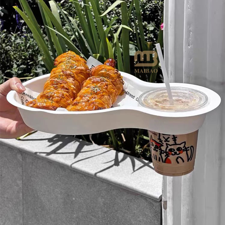 Biodegradable 2 in 1 Snack Drink Food Container Disposable Food Plate Coffee Drink Cup Holder Hot Dog Salad Hamburger Food Tray
