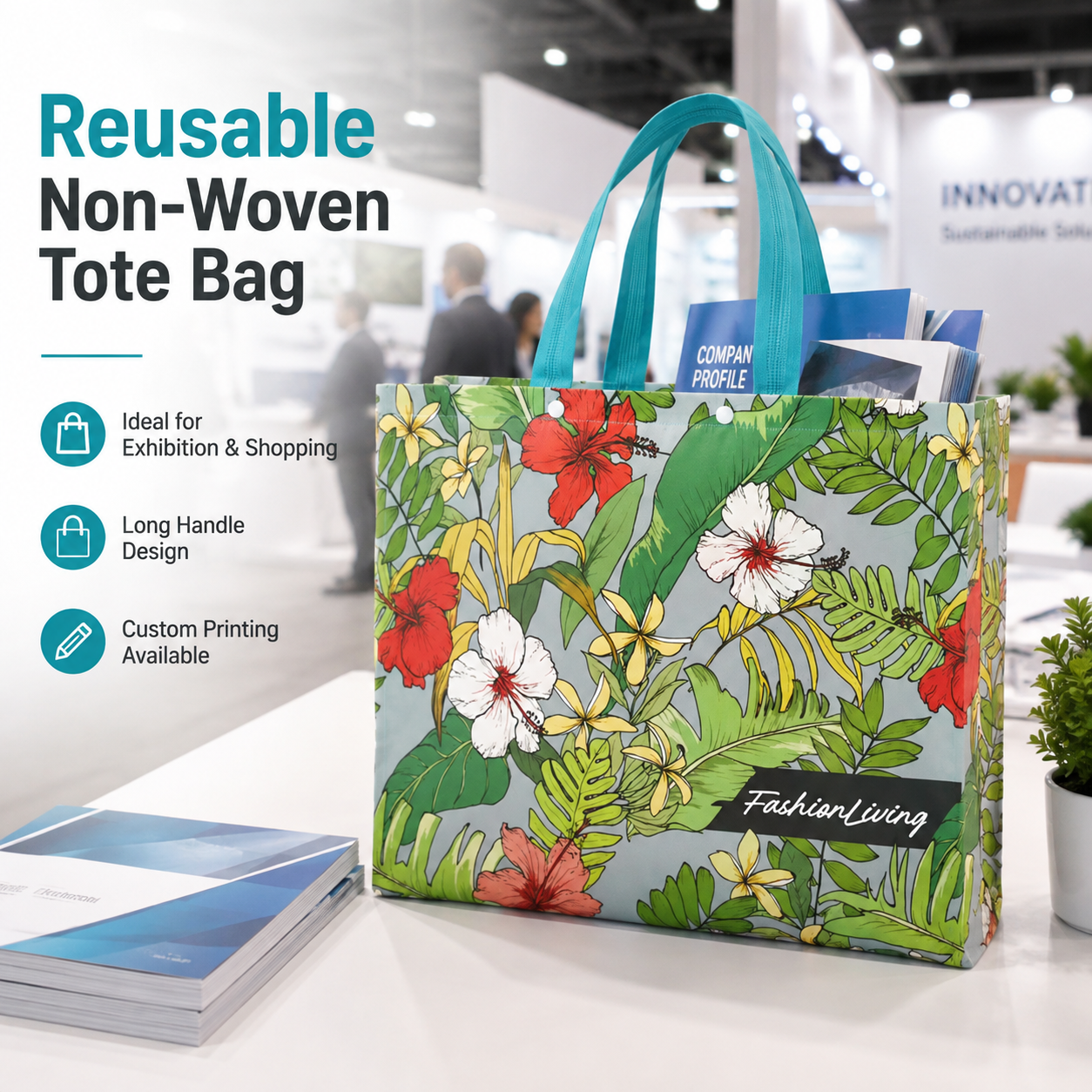 Custom Printed Reusable Non Woven Tote Bag Long Handle Shopping Bag for Exhibition Retail Promotion Wholesale Custom Packaging