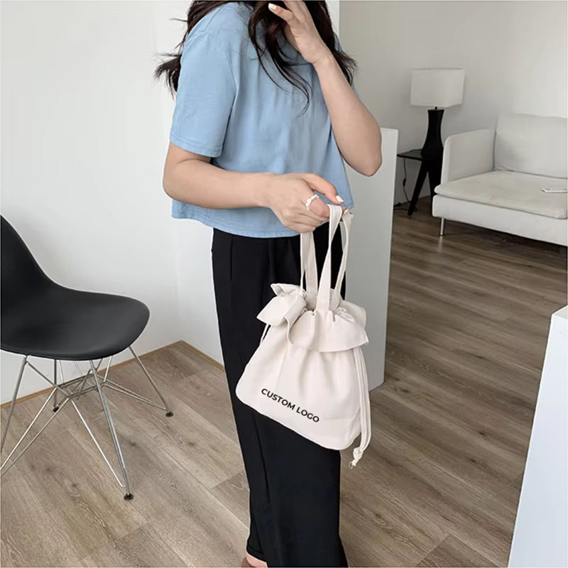 Recycled Cotton Mini Tote Bag Custom Logo Printed Small Canvas Pouch Handle Recycled Shopping Drawstring Bag