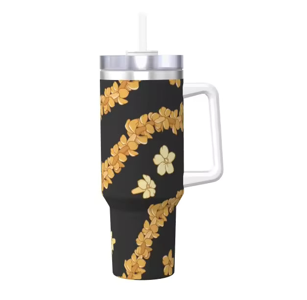 3D Digital Full Print Straw Cup Aloha Hawaiian Puakenikeni Hibiscus Flower Style 40oz Tumbler With Handle