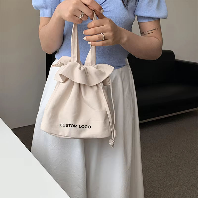 Recycled Cotton Mini Tote Bag Custom Logo Printed Small Canvas Pouch Handle Recycled Shopping Drawstring Bag