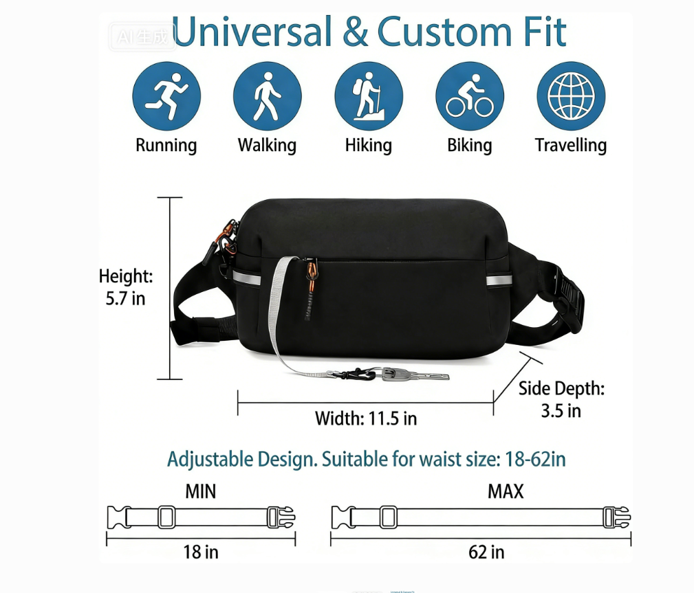 Fanny Pack Men Women 2L Lightweight Waist Belt Hip Bag Slim Crossbody Sling Bag Adjustable Water Resistant Bum Belt Pouch