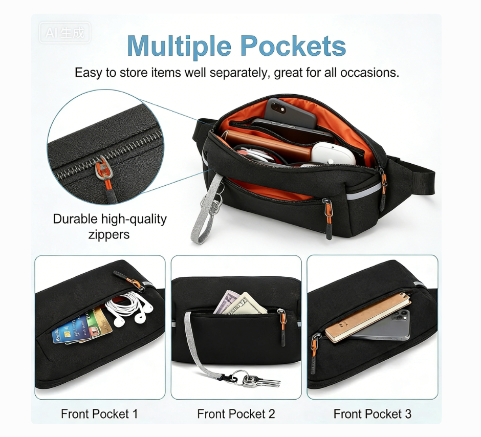 Fanny Pack Men Women 2L Lightweight Waist Belt Hip Bag Slim Crossbody Sling Bag Adjustable Water Resistant Bum Belt Pouch