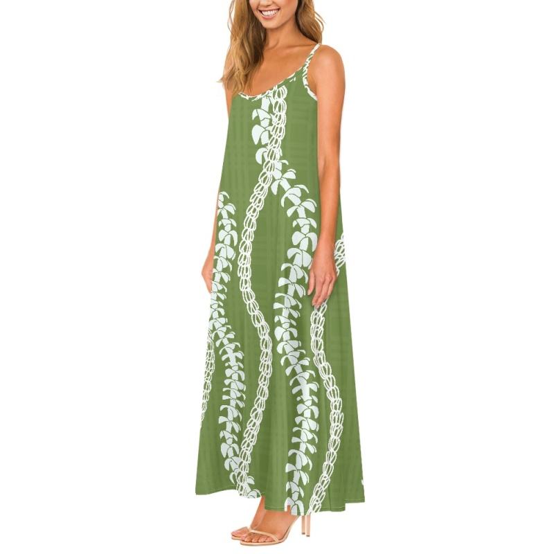 Factory Outlet Loose Silhouette Beach Dress Puakenikeni Pattern Custom Design Maxi Hawaiian Print Dress