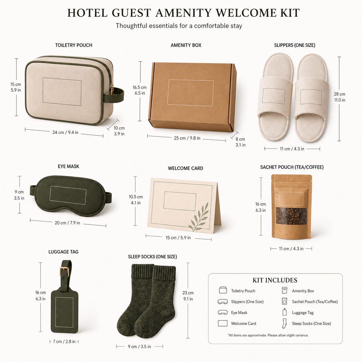 Custom-made hotel welcome amenities set, including toiletries bag, slippers, eye mask, card, and gift box with logo.