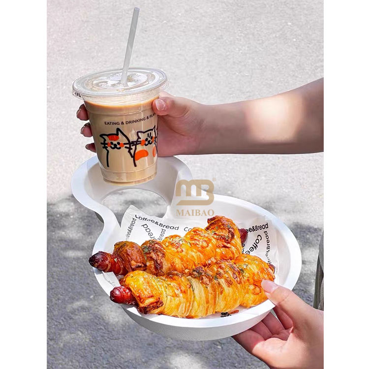 Biodegradable 2 in 1 Snack Drink Food Container Disposable Food Plate Coffee Drink Cup Holder Hot Dog Salad Hamburger Food Tray