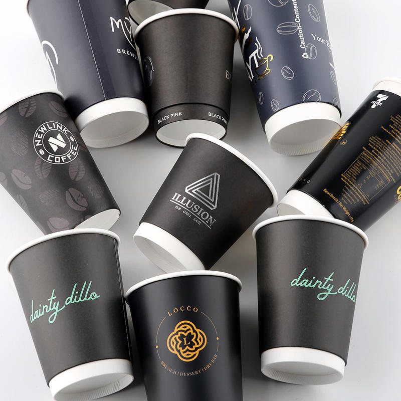 Disposable 12oz Custom Printed Logo Double Wall Paper Coffee Cups Disposable Biodegradable with Lid for Cafe