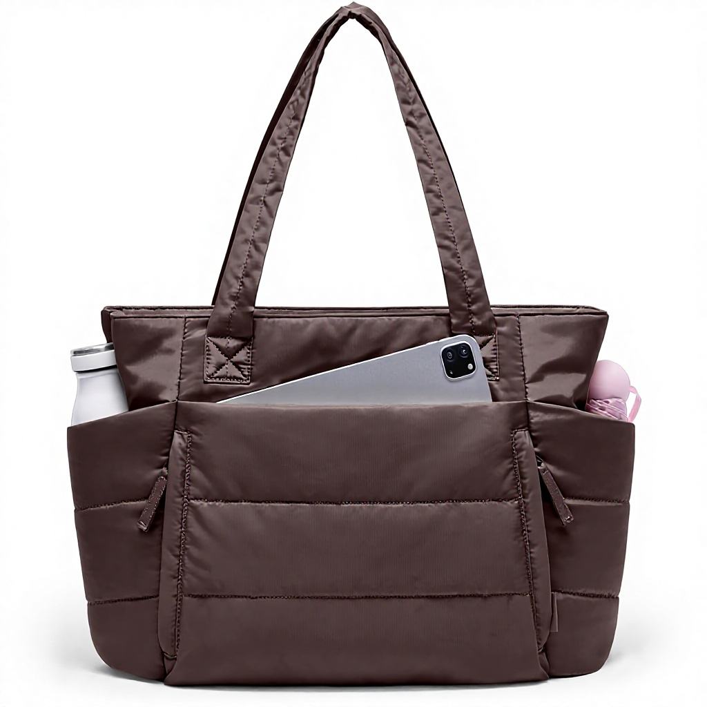 Women's Polyester Quilted Puffer Tote Bag with Zipper Closure Lightweight & Puffy Design Compartments for Work & Travel