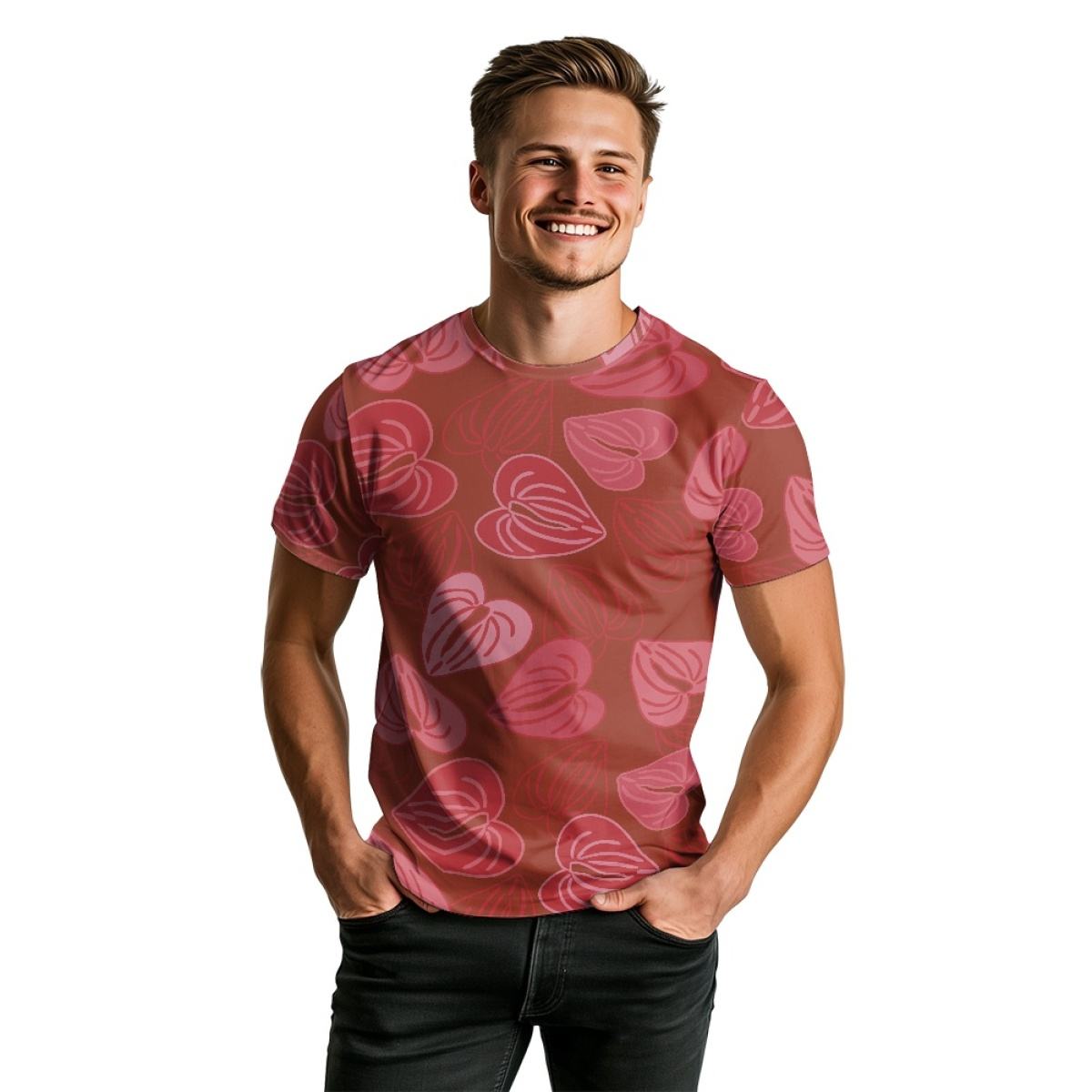 Summer Clothing Hawaiian Fashional Print on Demand Anthurium Flower Casual Short Sleeve T Shirt for Men Exclusive Customization
