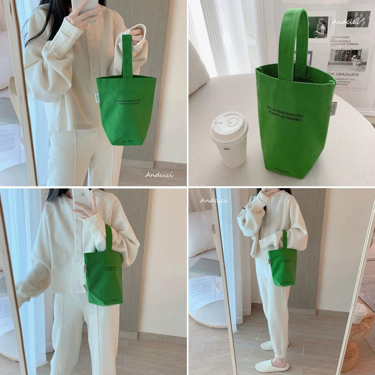 Eco-Friendly Custom logo Small Cute Canvas Bags Spring Green Color Simple Versatile Shopping Bag for Coffee Bottle