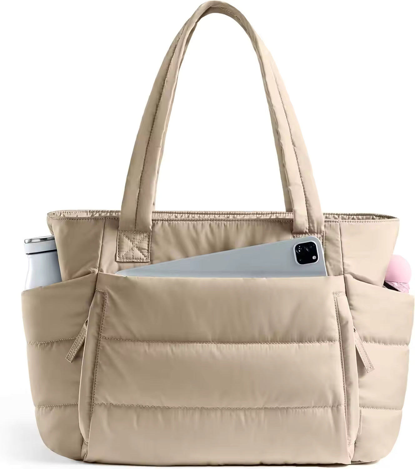 Women's Polyester Quilted Puffer Tote Bag with Zipper Closure Lightweight & Puffy Design Compartments for Work & Travel