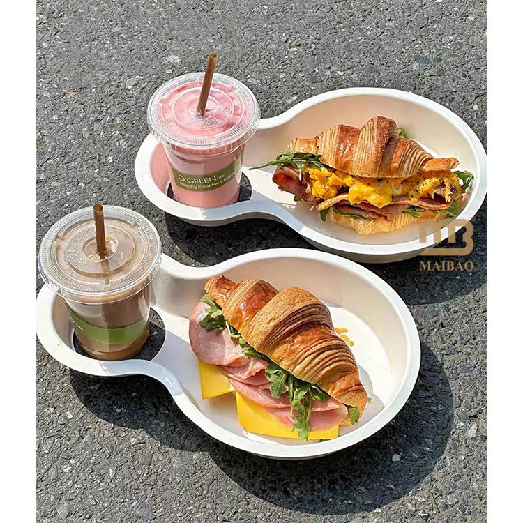 Biodegradable 2 in 1 Snack Drink Food Container Disposable Food Plate Coffee Drink Cup Holder Hot Dog Salad Hamburger Food Tray