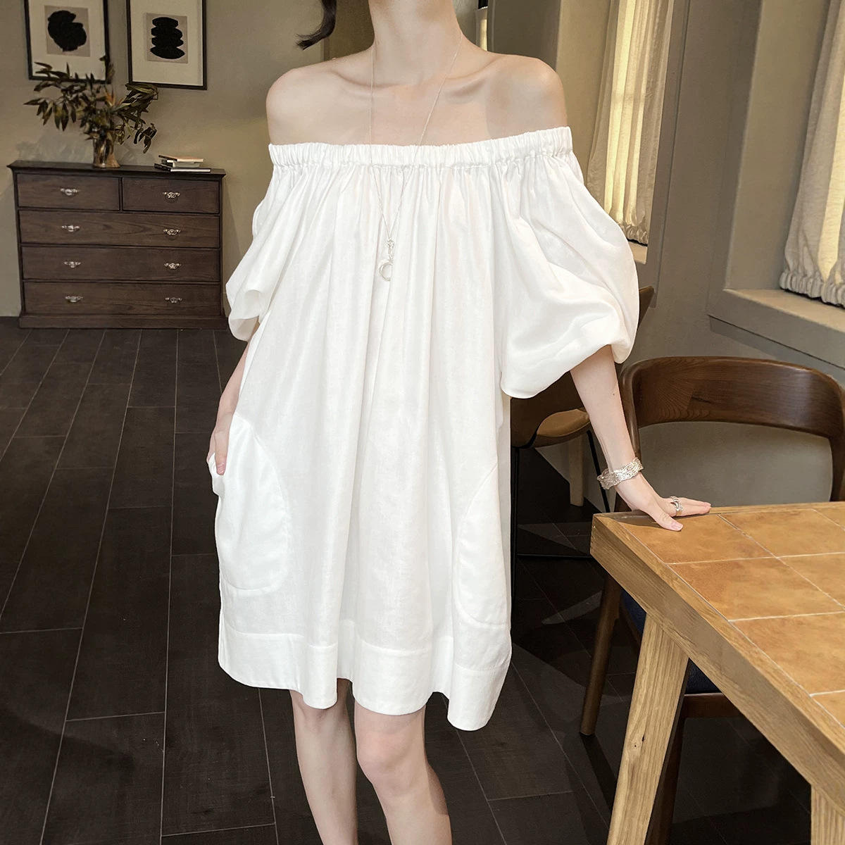 Summer French-Style Halter Neck for Linen Puff Sleeves A-Line Skirt Casual Leisure Dress
