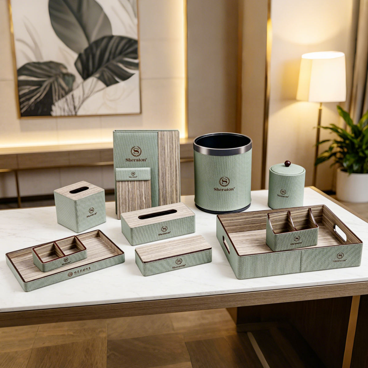Custom-made luxury faux leather hotel room amenities set. Hotel amenities set includes tray, box, and tissue box.