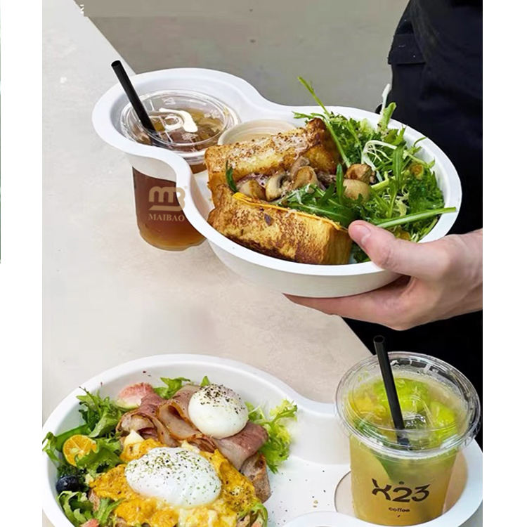 Biodegradable 2 in 1 Snack Drink Food Container Disposable Food Plate Coffee Drink Cup Holder Hot Dog Salad Hamburger Food Tray