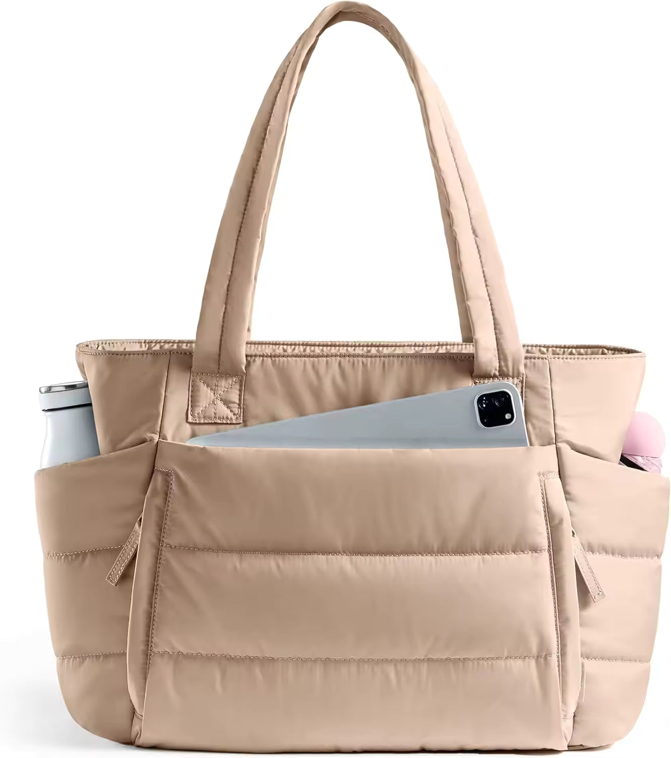 Women's Polyester Quilted Puffer Tote Bag with Zipper Closure Lightweight & Puffy Design Compartments for Work & Travel