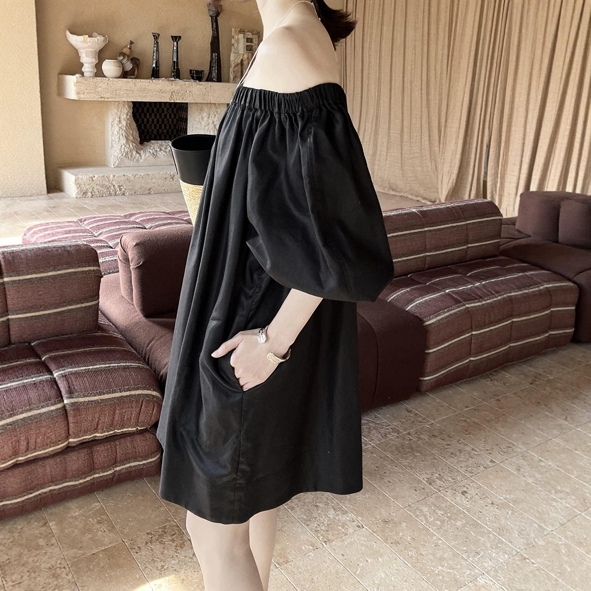 Summer French-Style Halter Neck for Linen Puff Sleeves A-Line Skirt Casual Leisure Dress