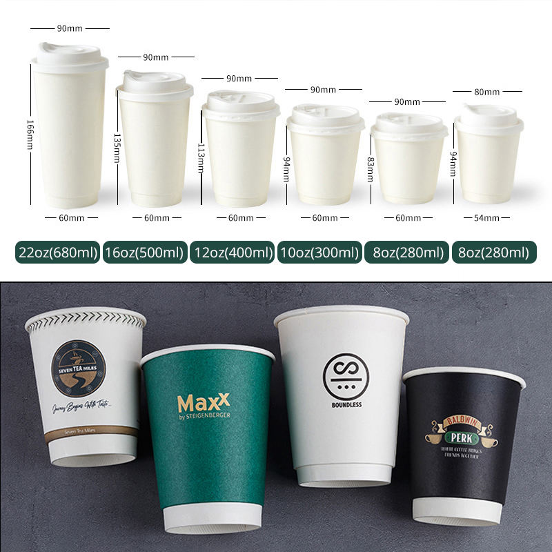 Customized Printed Disposable 8 10 12 16oz Double Wall Hot Coffee Cups Personalized Logo Takeaway Coffee Paper Cup with Lids