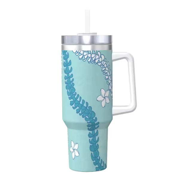 3D Digital Full Print Straw Cup Aloha Hawaiian Puakenikeni Hibiscus Flower Style 40oz Tumbler With Handle