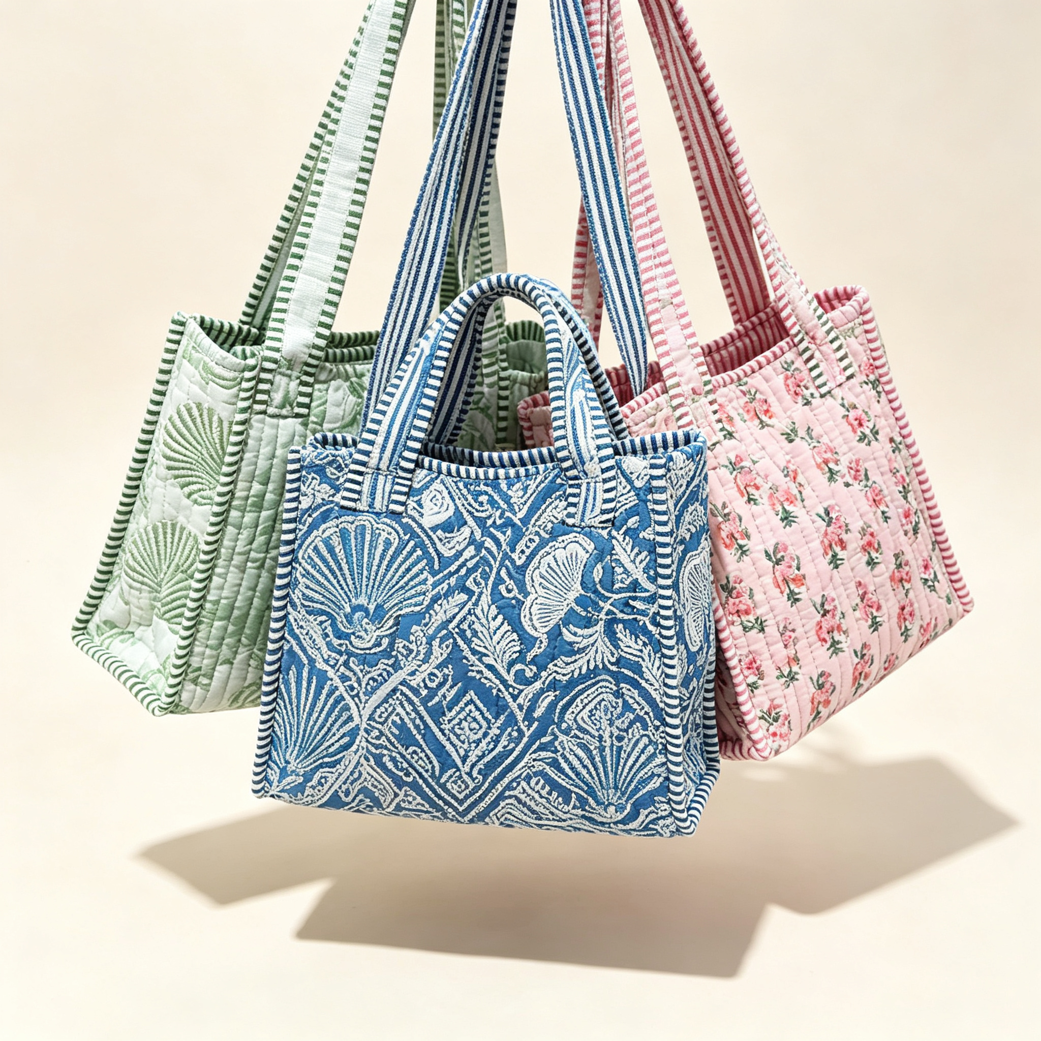 Block Print Quilted Canvas Mini Tote Bag Custom Logo Contrast Striped Trim Women's Handbag Wholesale Manufacturer